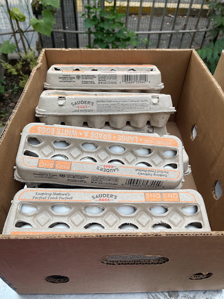 Cartons of eggs packed into a route box for neighborhood food support